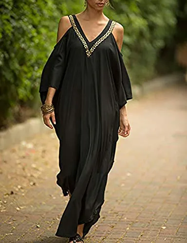 V Neck Embroidered Kaftan Cold Shoulder Beach Cover Up"