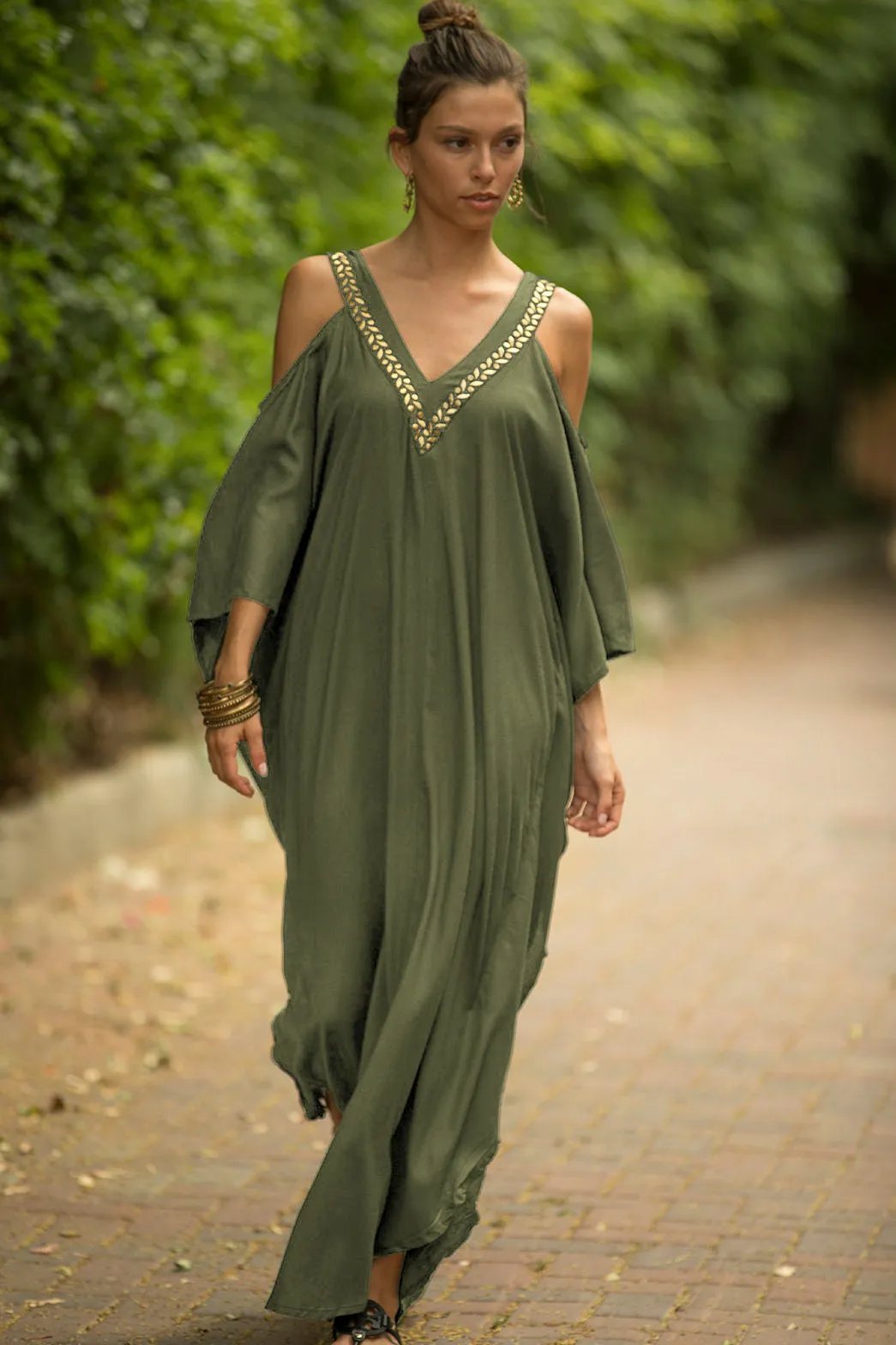 V Neck Embroidered Kaftan Cold Shoulder Beach Cover Up"