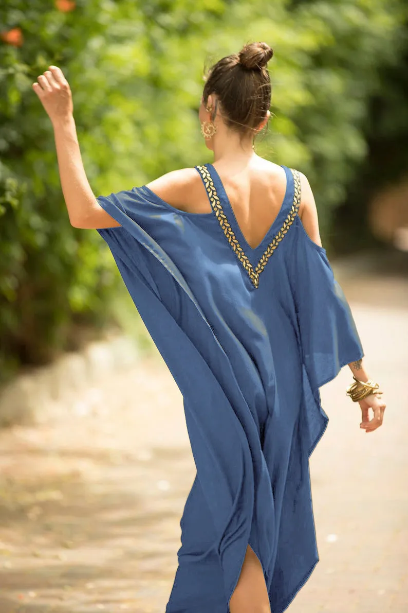 V Neck Embroidered Kaftan Cold Shoulder Beach Cover Up"