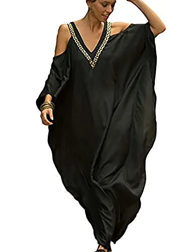 V Neck Embroidered Kaftan Cold Shoulder Beach Cover Up"