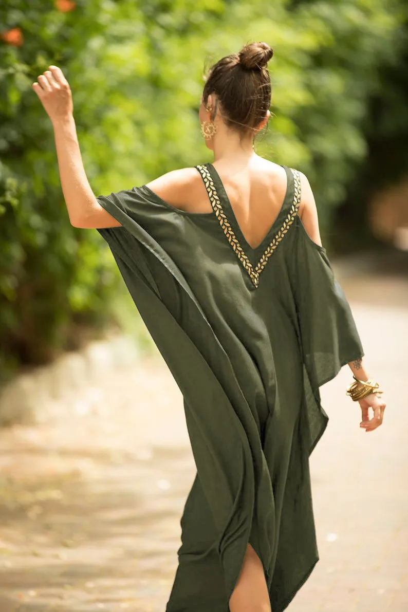 V Neck Embroidered Kaftan Cold Shoulder Beach Cover Up"
