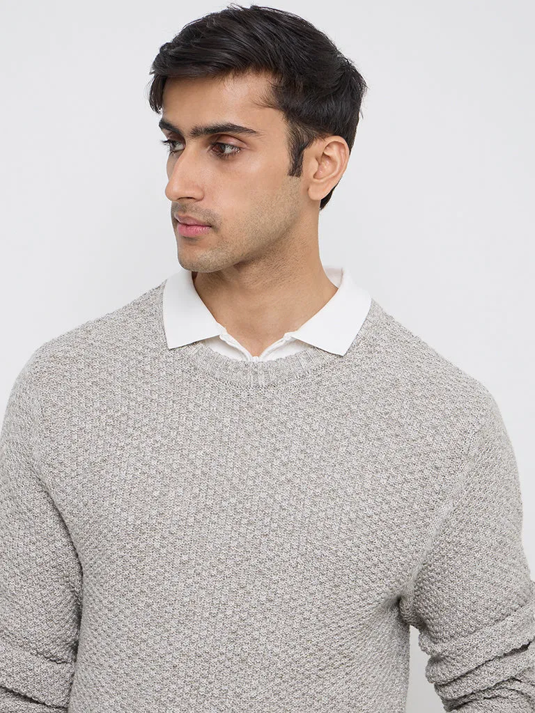 WES Casuals Light Grey Knit-Textured Slim-Fit Sweater