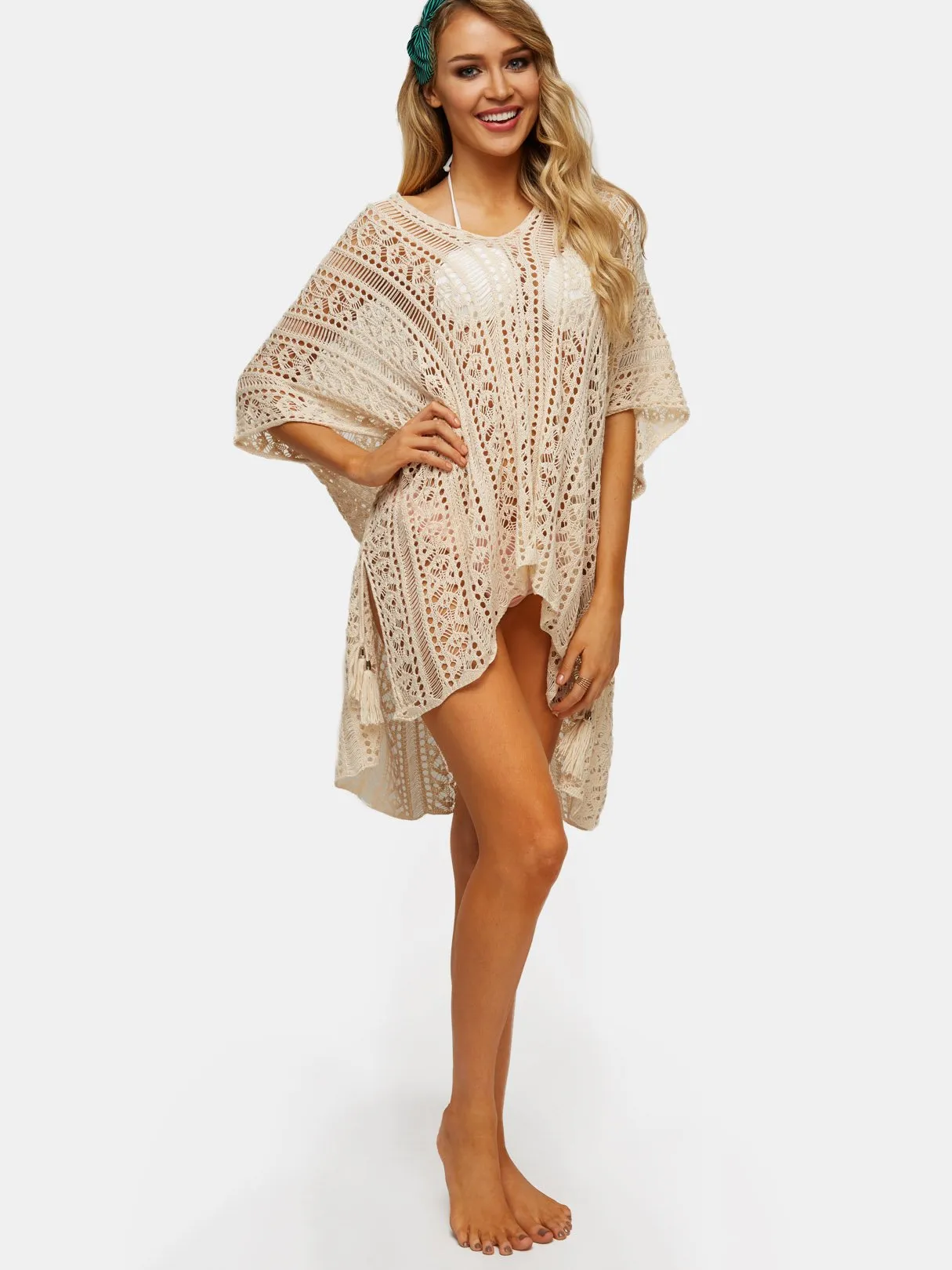 Wholesale Beige Deep V-Neck Tassel Hollow Lace-Up Slit Hem Beachwear