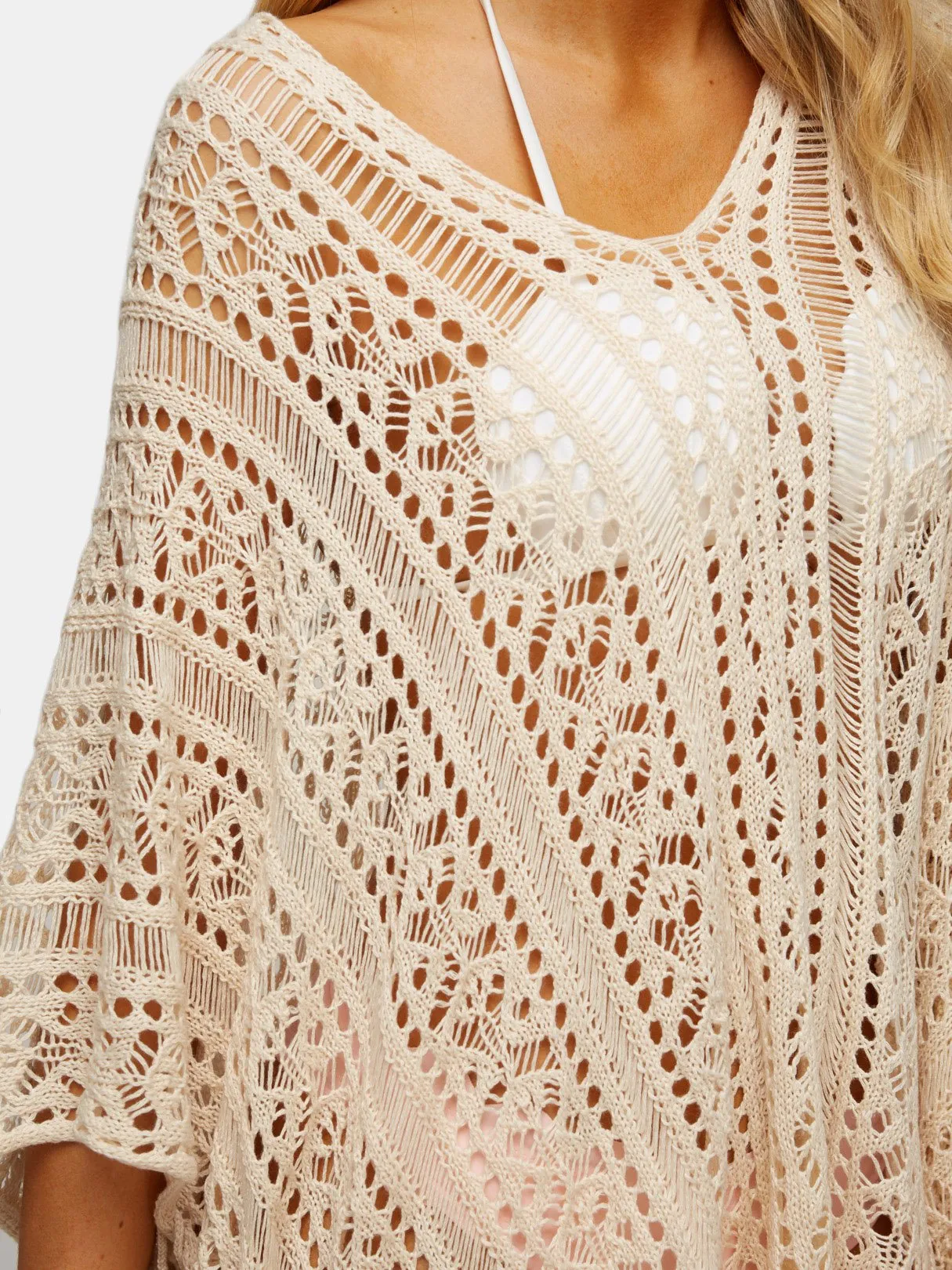 Wholesale Beige Deep V-Neck Tassel Hollow Lace-Up Slit Hem Beachwear