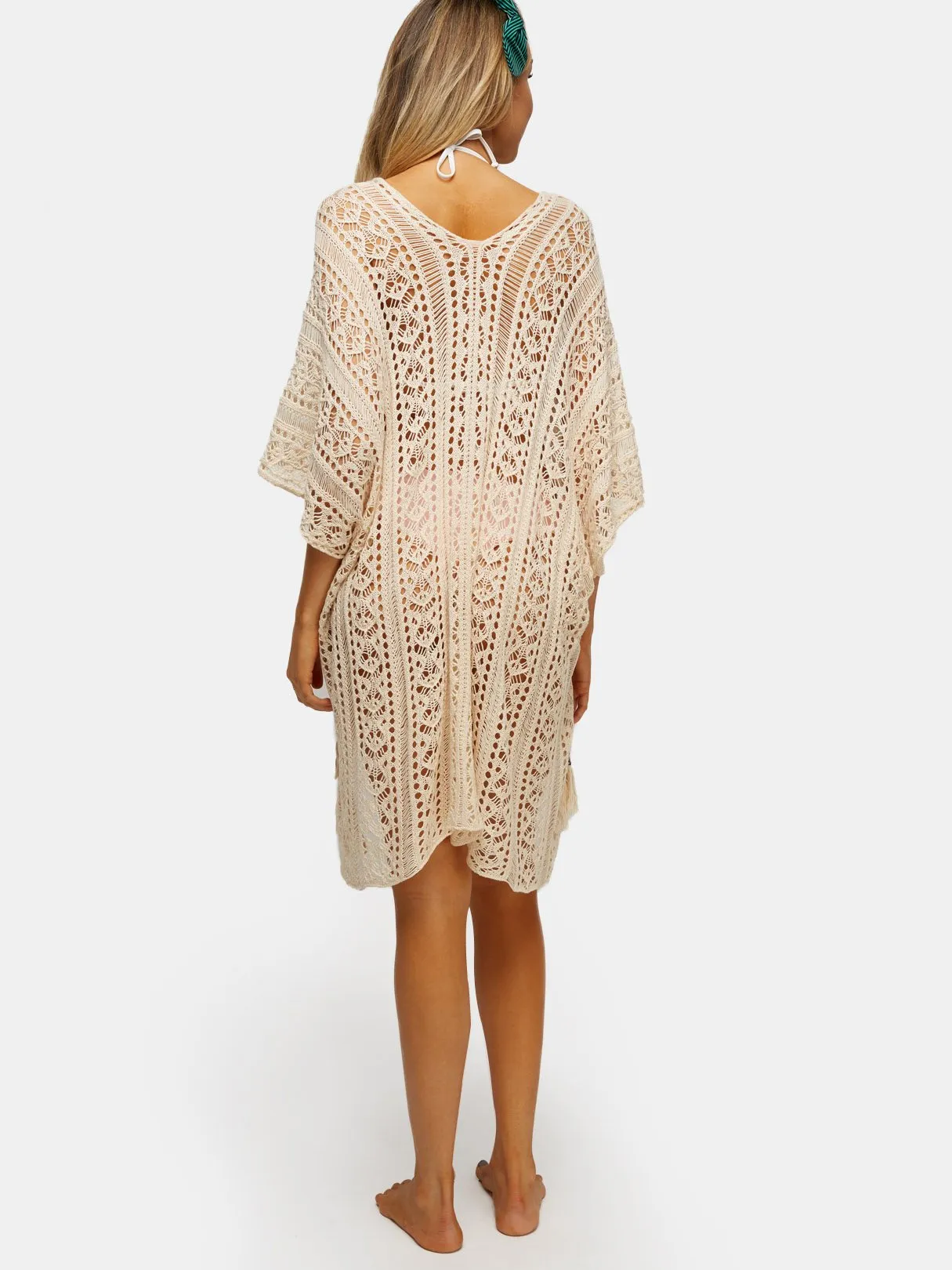 Wholesale Beige Deep V-Neck Tassel Hollow Lace-Up Slit Hem Beachwear