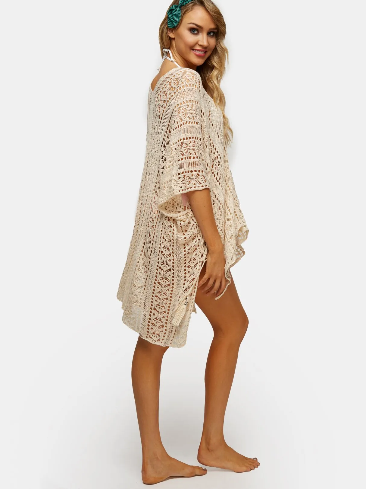 Wholesale Beige Deep V-Neck Tassel Hollow Lace-Up Slit Hem Beachwear
