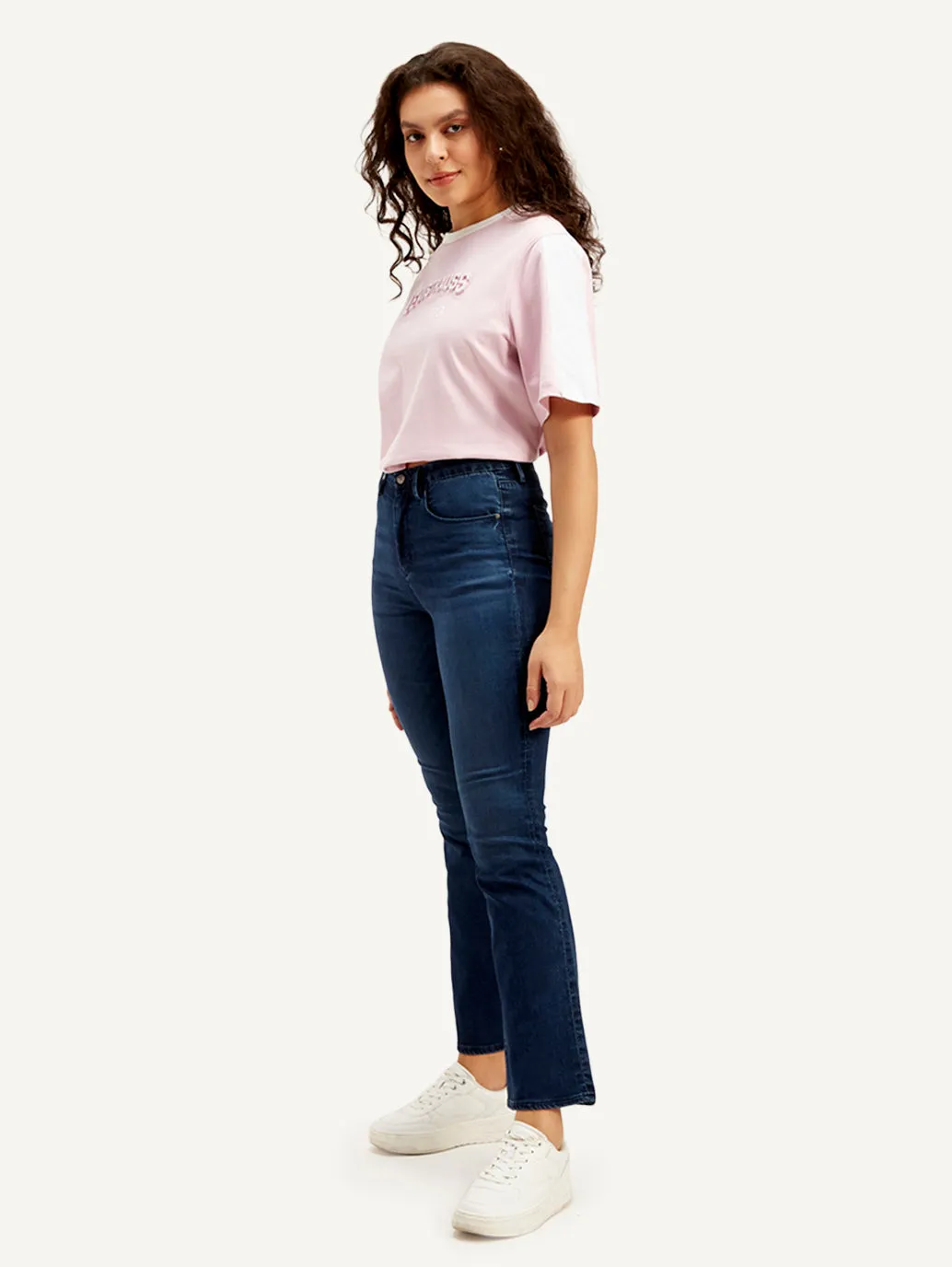 Women's Mid Rise Flared Dark Blue Jeans
