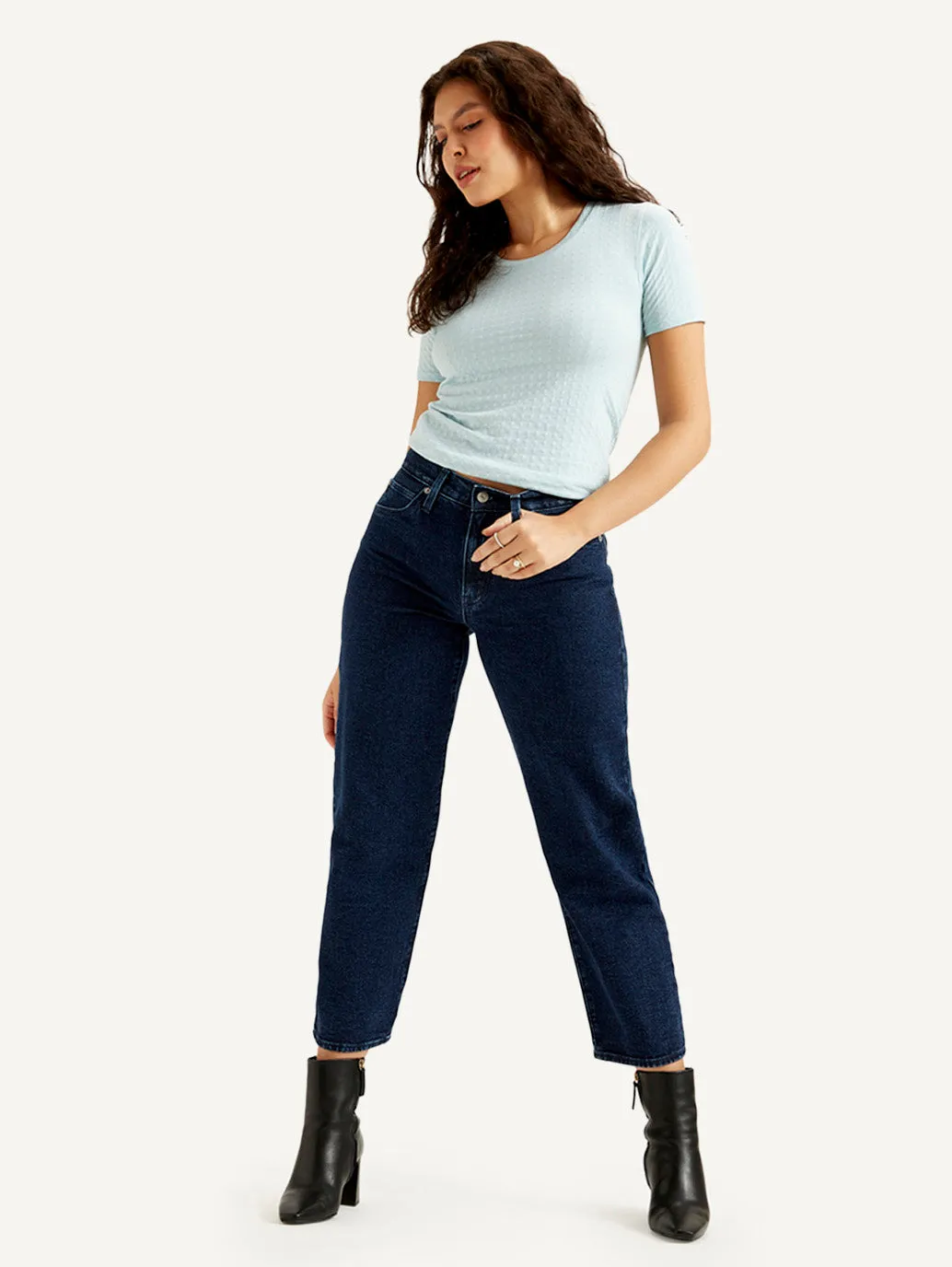 Women's Mid Rise Loose Fit Dark Blue Jeans