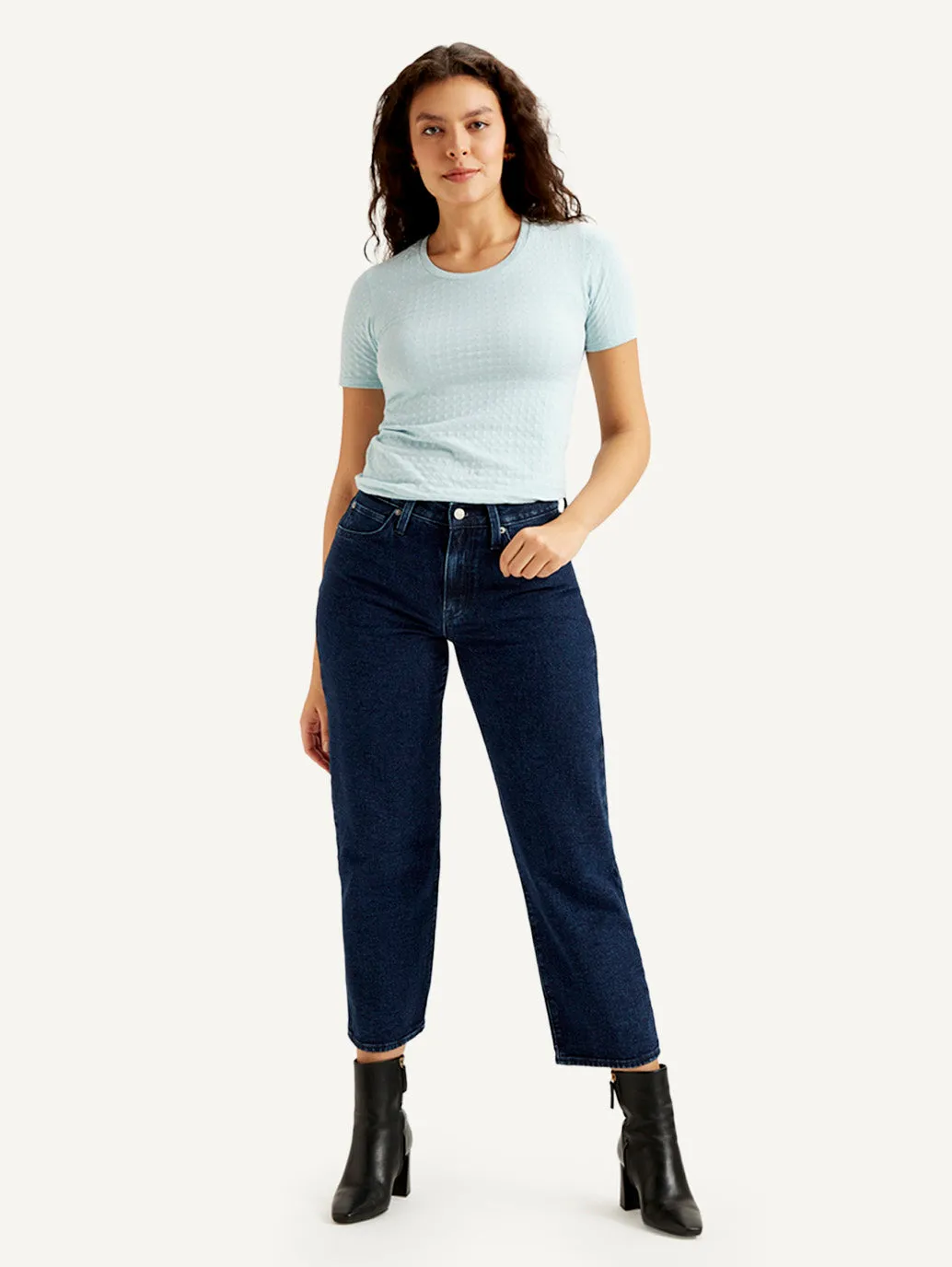 Women's Mid Rise Loose Fit Dark Blue Jeans