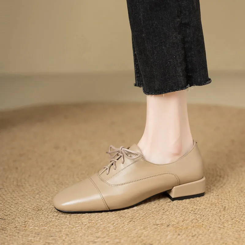 Women's Oxford Shoes Low Heel Lace-Up Leather Shoes