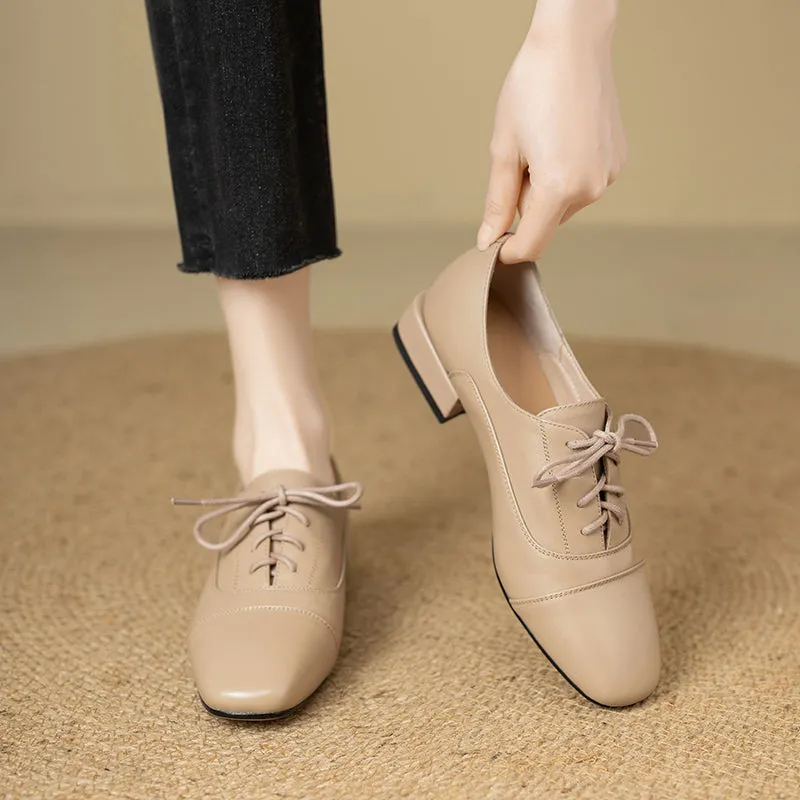 Women's Oxford Shoes Low Heel Lace-Up Leather Shoes