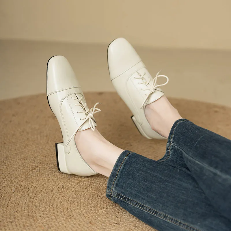 Women's Oxford Shoes Low Heel Lace-Up Leather Shoes