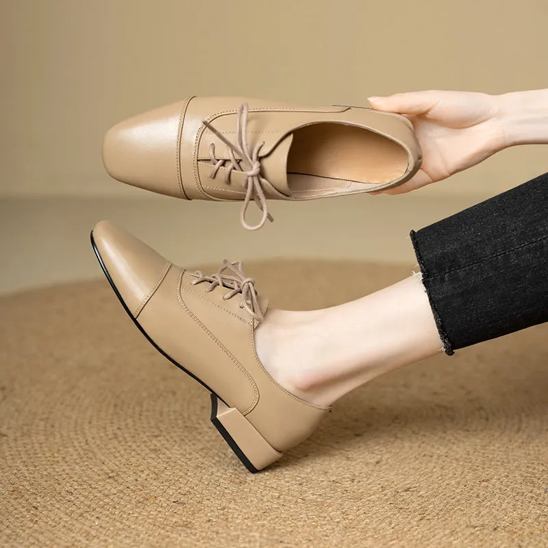 Women's Oxford Shoes Low Heel Lace-Up Leather Shoes