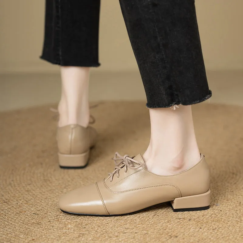 Women's Oxford Shoes Low Heel Lace-Up Leather Shoes