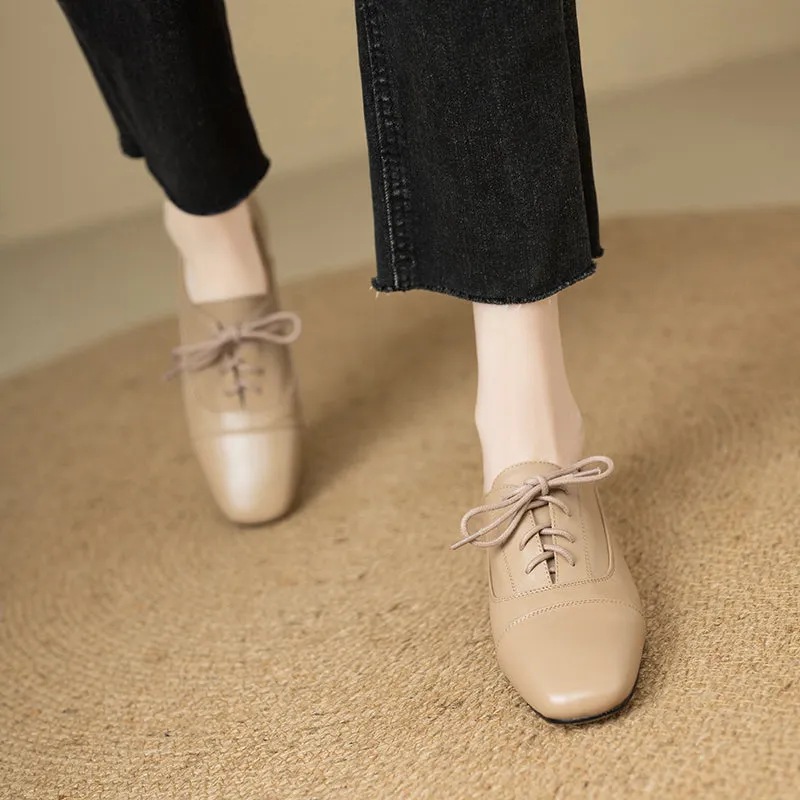 Women's Oxford Shoes Low Heel Lace-Up Leather Shoes