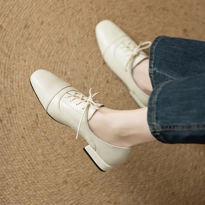Women's Oxford Shoes Low Heel Lace-Up Leather Shoes