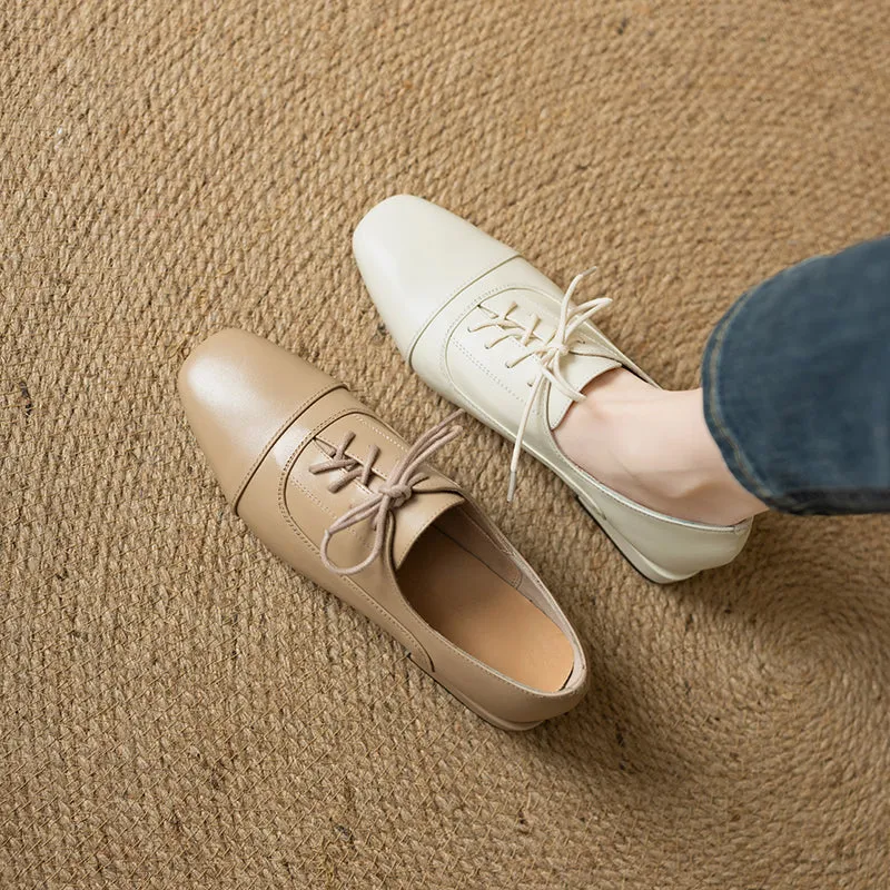 Women's Oxford Shoes Low Heel Lace-Up Leather Shoes