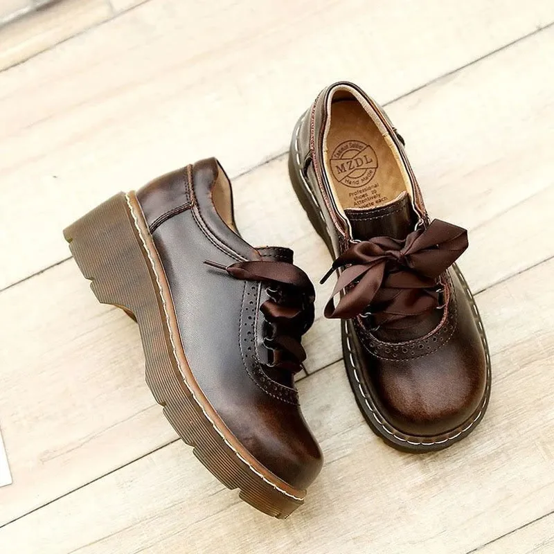 Womens Round Toe Retro Ribbon Lace Up Oxford Shoes
