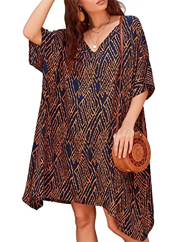 Women's Stripe Print Swimsuit Cover Up V-Neck Midi Dress