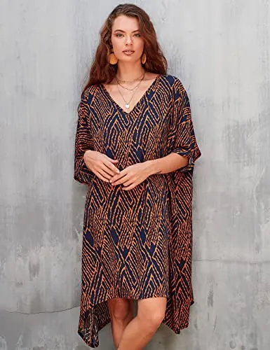 Women's Stripe Print Swimsuit Cover Up V-Neck Midi Dress