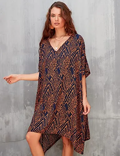Women's Stripe Print Swimsuit Cover Up V-Neck Midi Dress