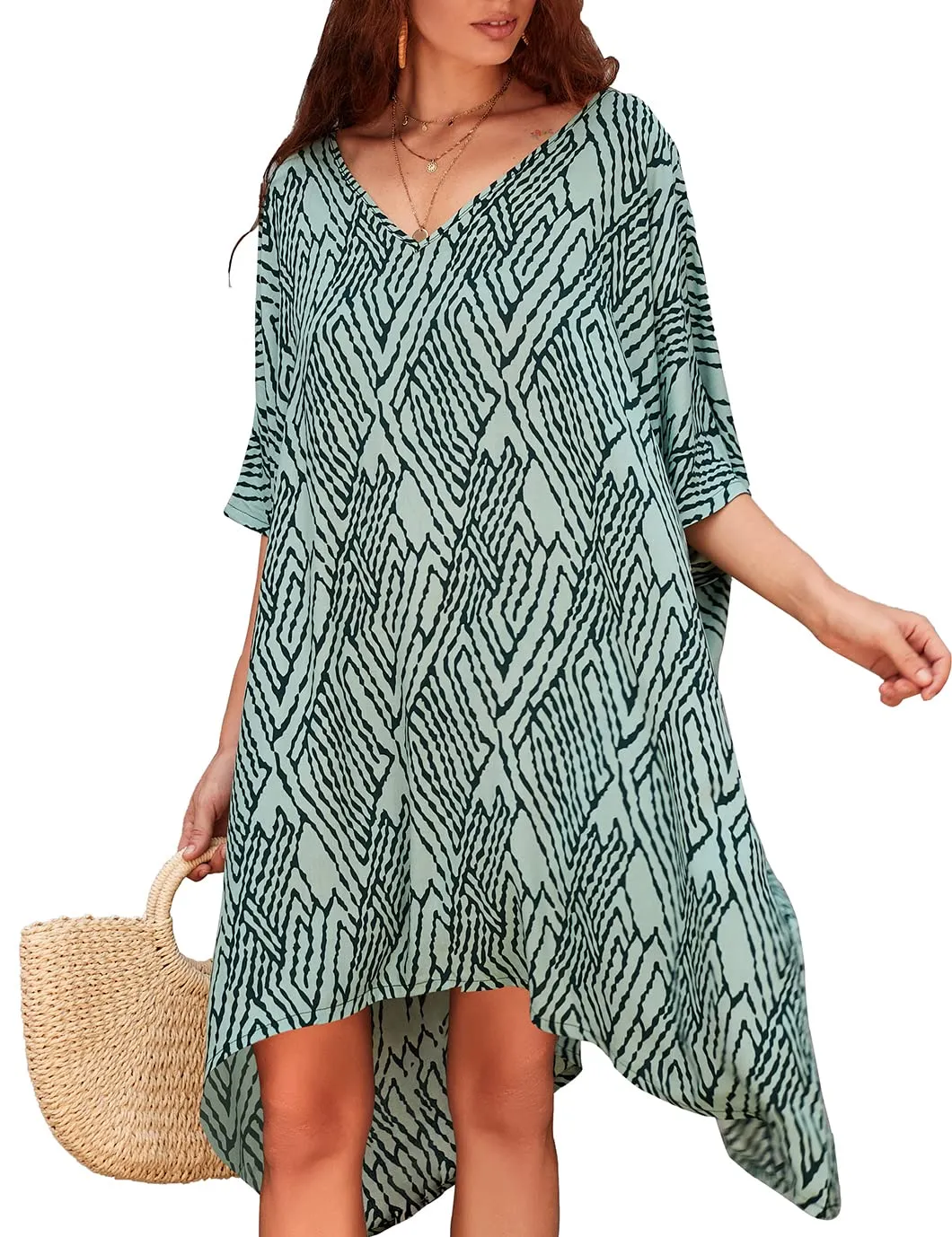 Women's Stripe Print Swimsuit Cover Up V-Neck Midi Dress