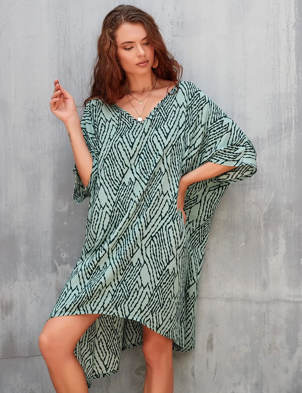 Women's Stripe Print Swimsuit Cover Up V-Neck Midi Dress