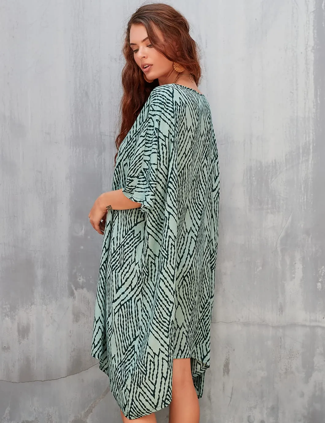Women's Stripe Print Swimsuit Cover Up V-Neck Midi Dress