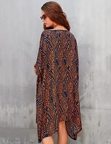 Women's Stripe Print Swimsuit Cover Up V-Neck Midi Dress