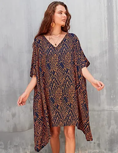 Women's Stripe Print Swimsuit Cover Up V-Neck Midi Dress