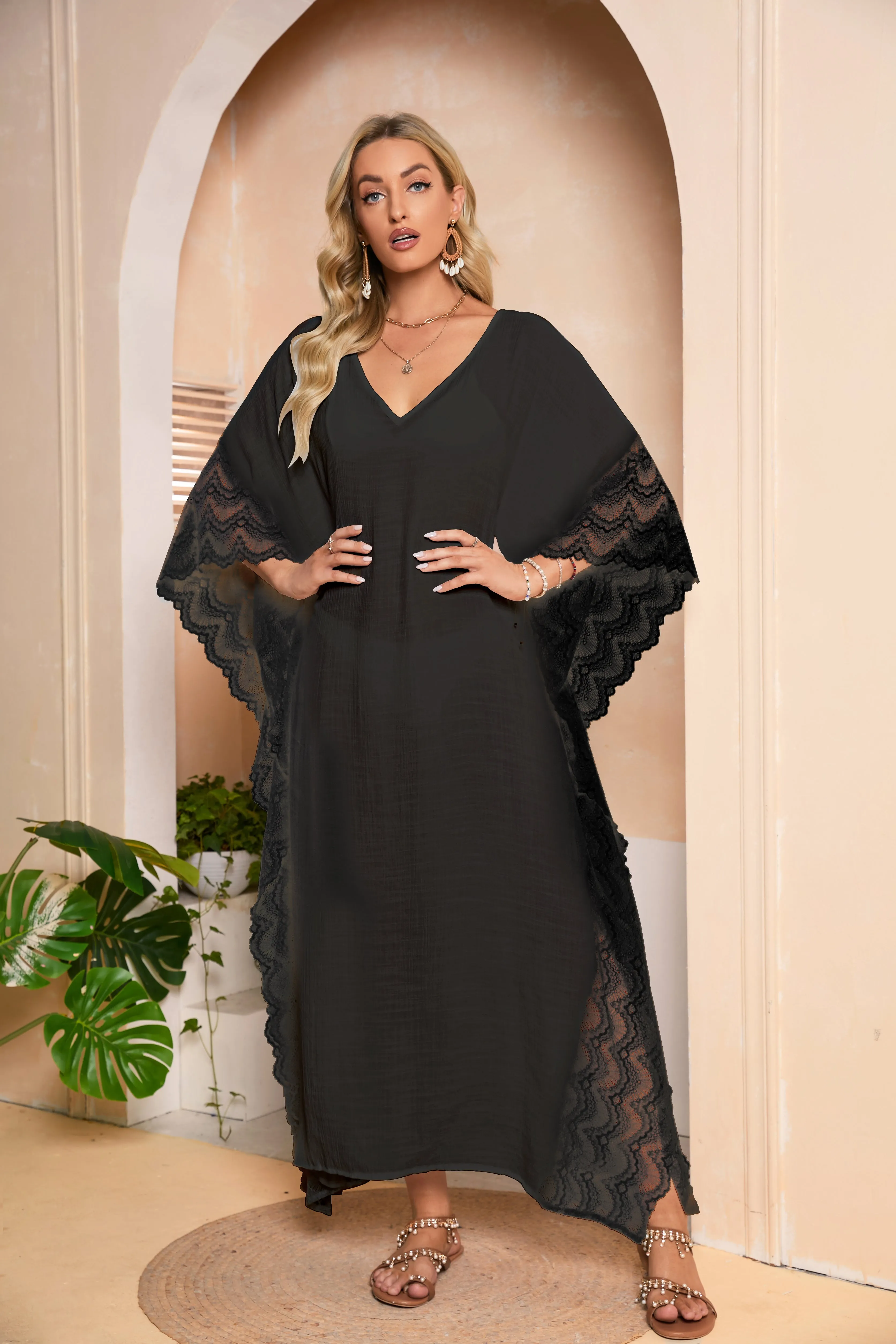 Women's V-Neck Batwing Sleeve Kaftan Beach Cover Up