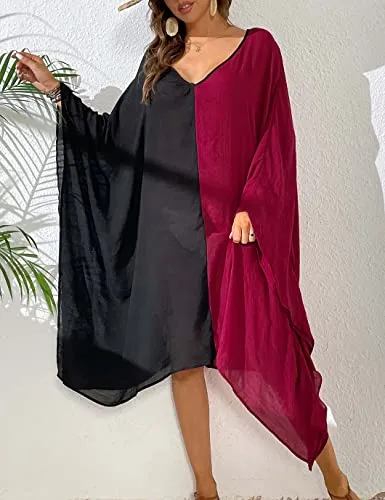 Women's V-Neck Swimsuit Coverup Black and Red Plus Size