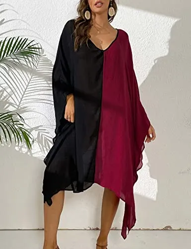 Women's V-Neck Swimsuit Coverup Black and Red Plus Size