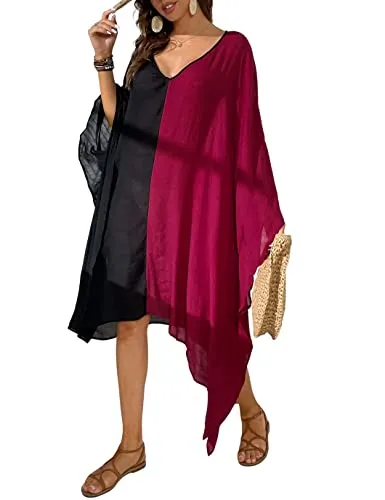 Women's V-Neck Swimsuit Coverup Black and Red Plus Size