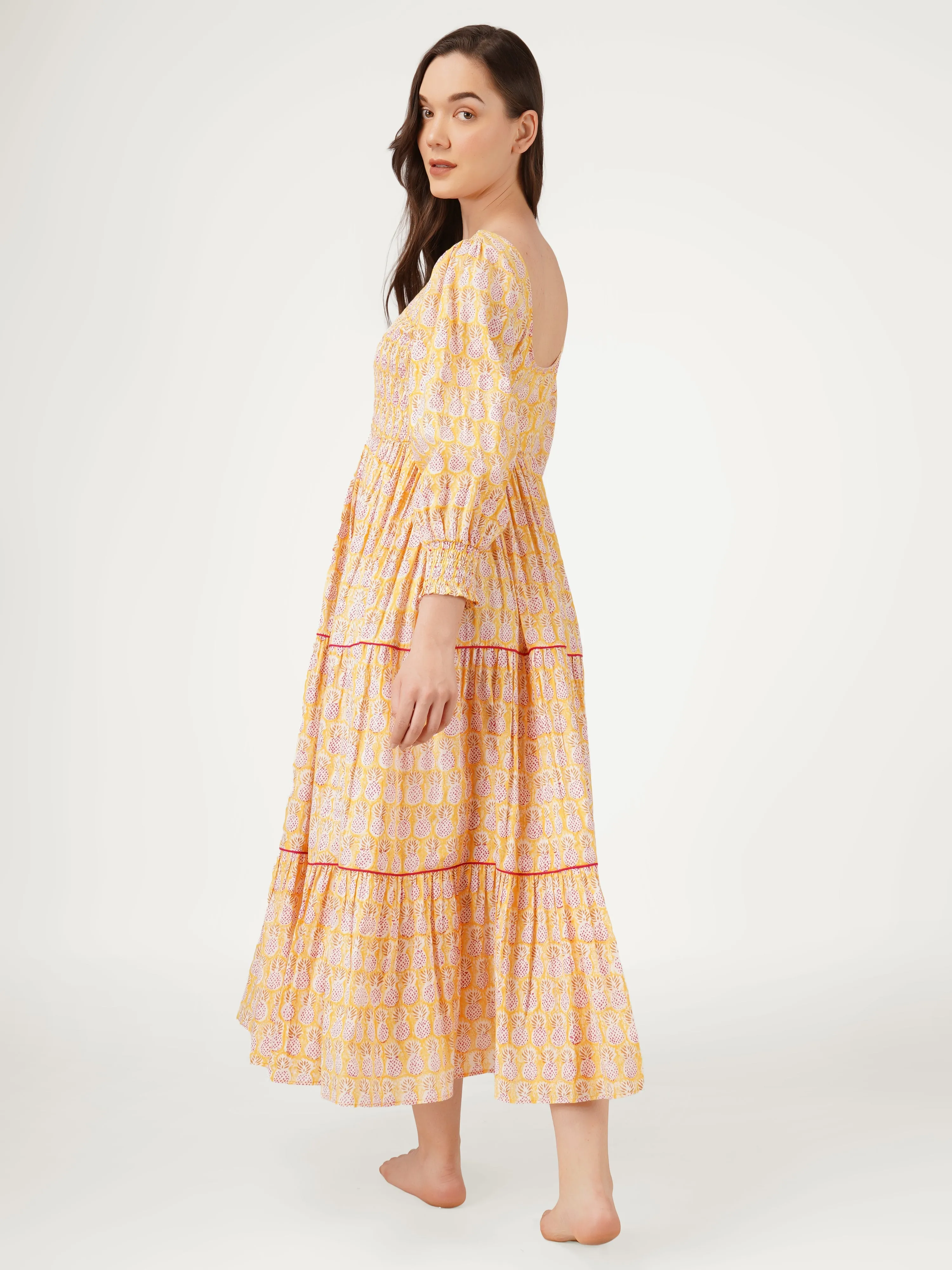 Yellow Cotton Smocking Tiered Dress
