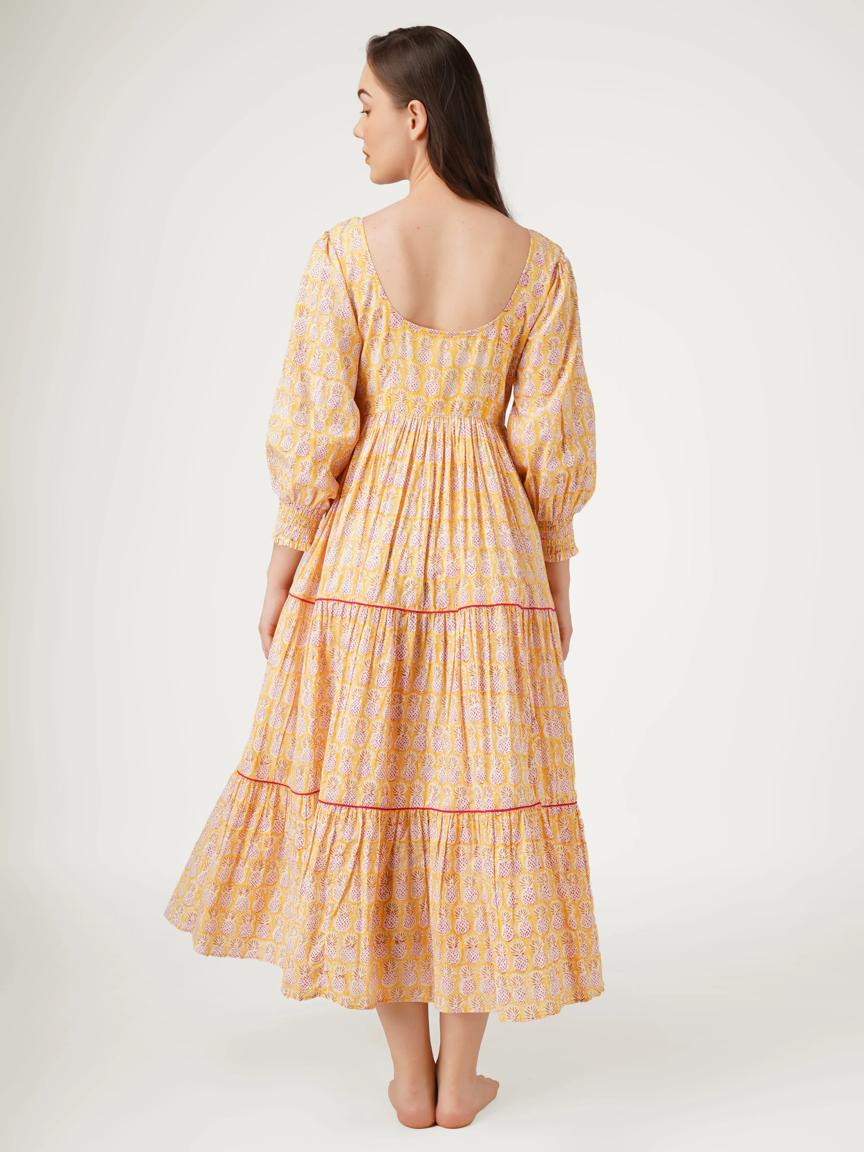 Yellow Cotton Smocking Tiered Dress