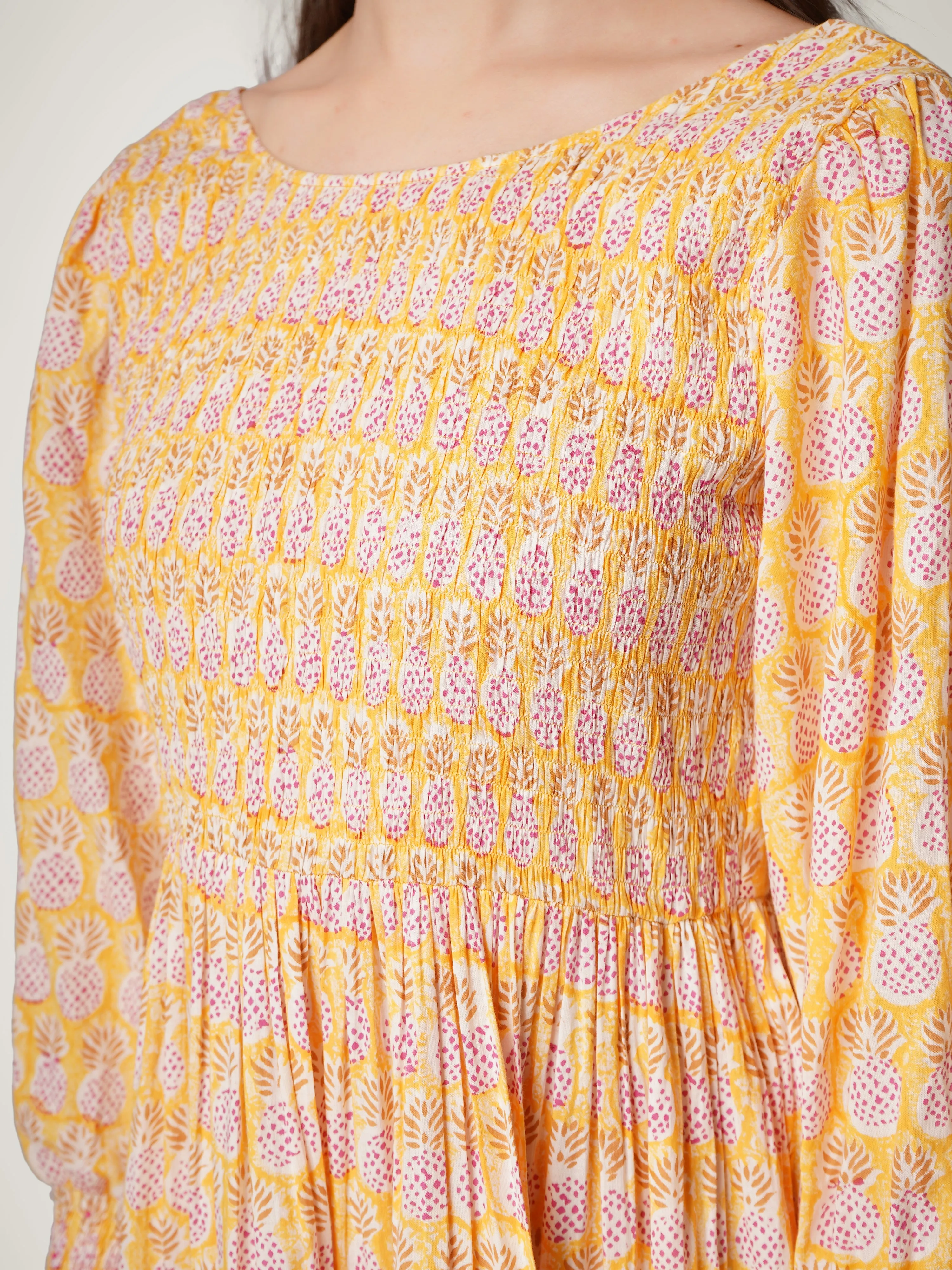 Yellow Cotton Smocking Tiered Dress
