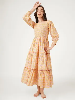 Yellow Cotton Smocking Tiered Dress