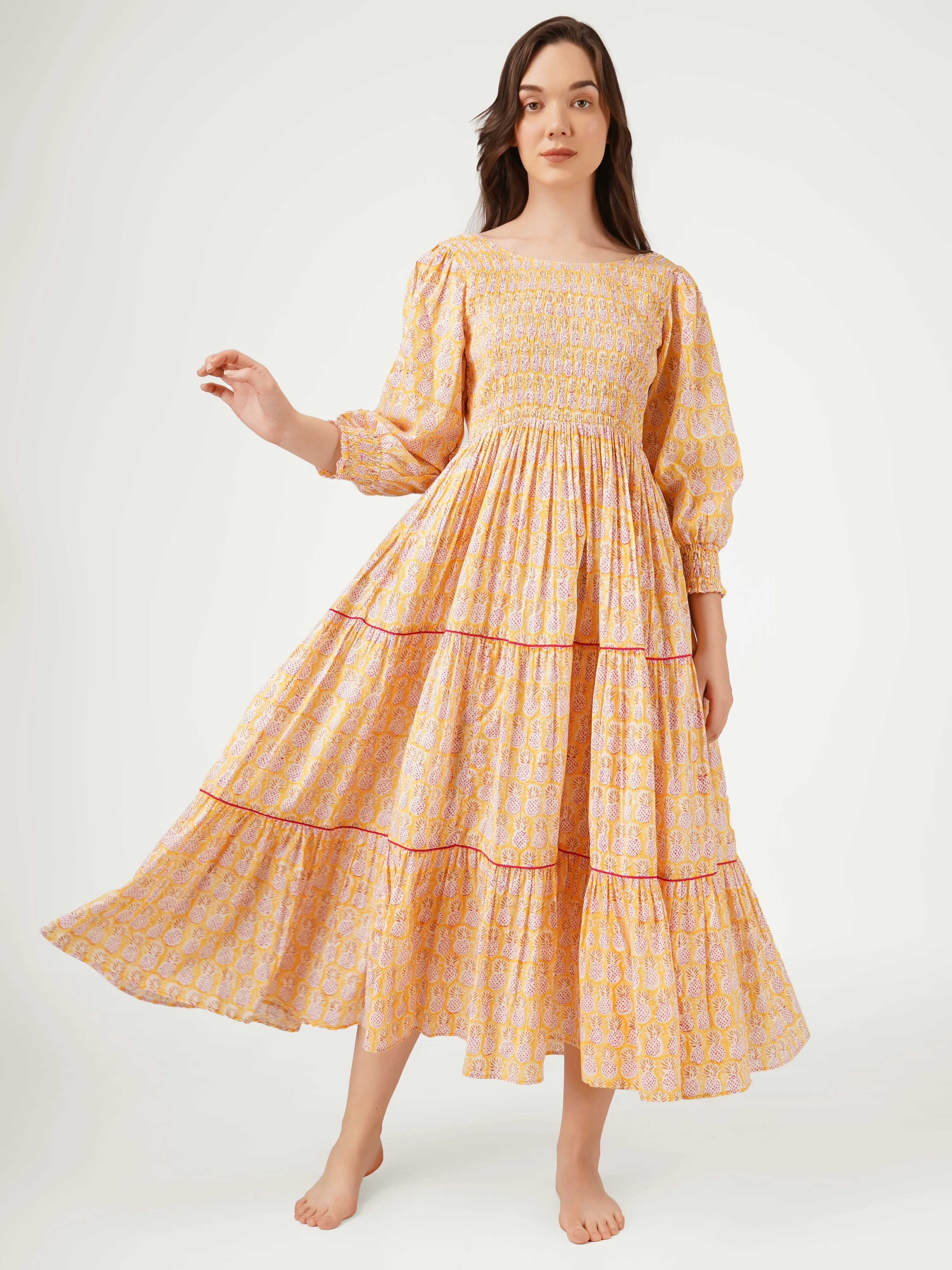 Yellow Cotton Smocking Tiered Dress