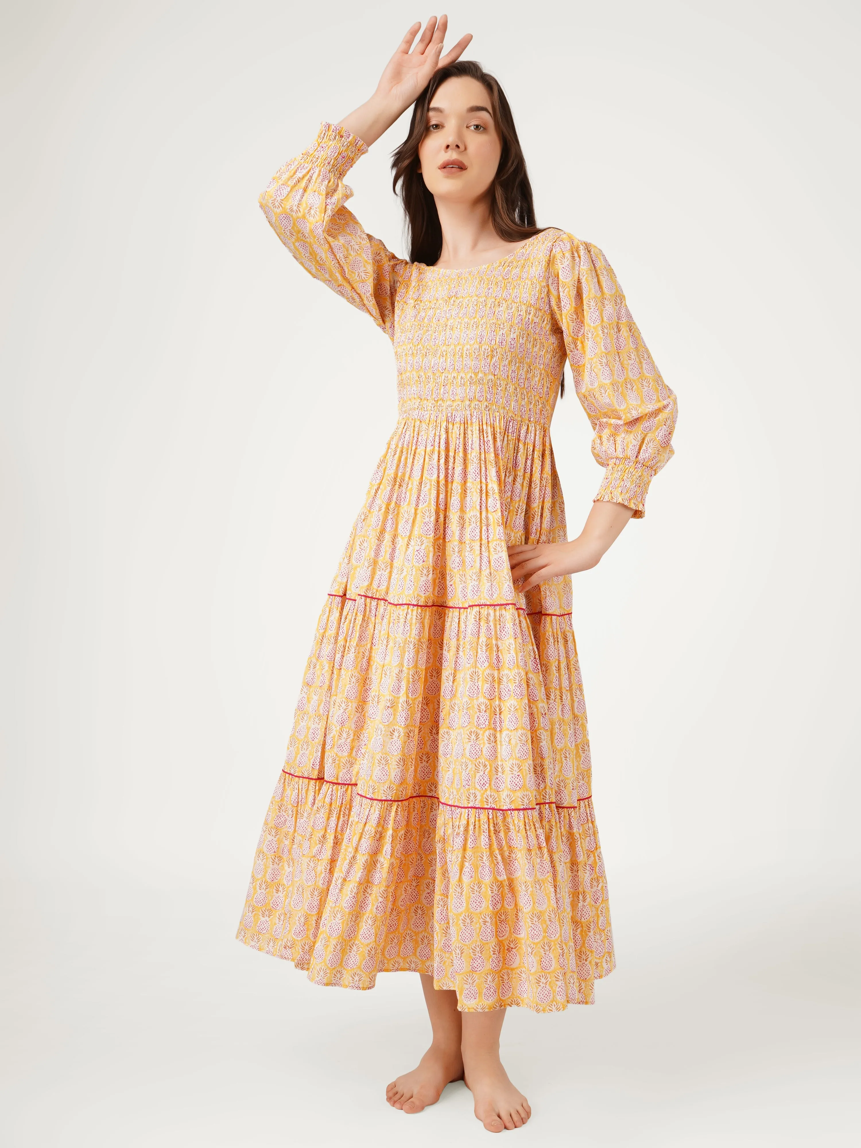 Yellow Cotton Smocking Tiered Dress